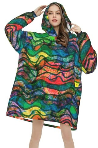 Waves Texture Wearable Blanket Oversized Hoodie Flanell Blanket Sweatshirt for Women Men Plush Cozy Blanket, mehrfarbig, 320g flannel