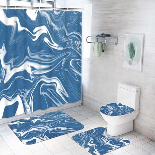 ArtSocket 4-teiliges blaues Duschvorhang-Set mit Teppichen, schwarzer Marmor-Badezimmer-Set mit rutschfestem Teppich, WC-Deckelbezug, Badematte und 12 Haken, 183 x 183 cm