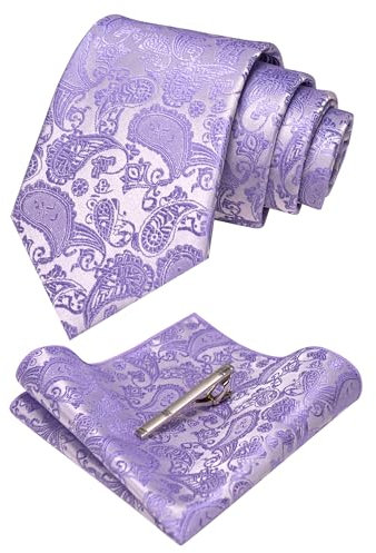 JEMYGINS Cravate et mouchoir de poche pour homme avec motif cachemire gracieux et élégant, Violet lavande, M