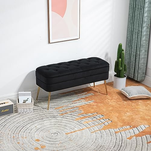 HAINEW Moderner Sitzbank Sitzhocker mit Stauraum, Samt Rechteckig Polsterbank Aufbewahrungstruhe Schminkbank Mit Golden Metallbeine, für Flur Wohnzimmer Schlafzimmer, 104 × 40 × 51cm (Schwarz)