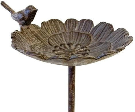 Bain Oiseau Fleur Coupelle à Oiseau Bénitier sur Pic Fonte et Acier Patiné Marron Tuteur 14,5x17,5x87cm