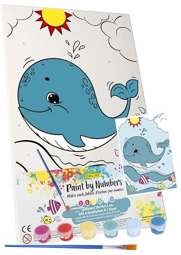 Online peinture par numéro d'art pour enfants, loisir créatif motif baleine, kit de peinture avec pots acryliques et pinceaux, châssis en bois 29x19 cm, cadeau DIY idéal pour débutants