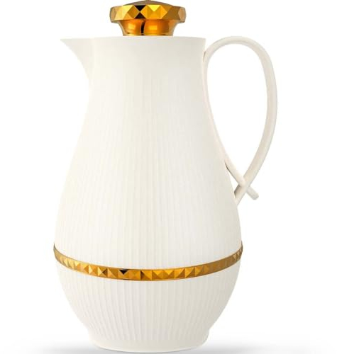 Insulated Thermal Coffee Carafe, 33 oz, Luxury Arabic-Style Insulated Thermos Flask,Coffee Tea Pot,with Spout and Glass Liner for Hot Cold Water,Housewarming Ornaments (White)