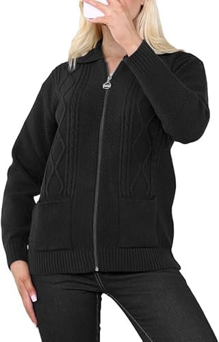 Womens Zipped Cable Knit Long Sleeve Collar Cardigan, Ladies Classic Chunky Winter Knitwear Zip Through Fasten with Pockets Pullover Jumper Top Zipper UK Plus Size 8-22, Black-12-14