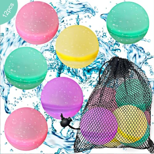 Wasserbomben 12 Stück, Wiederverwendbar Schnellfülle Wasserbomben Sommer Draussen Wasserschlachten Pool Strandspielzeug Bunt Gemischt Wasserball Geeignet für Kinder, Erwachsene, Strand, Poolparty