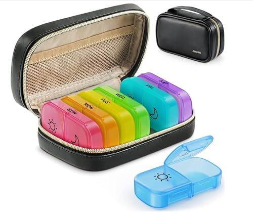 AUVON Tablettenbox 7 Tage Morgens Abends mit PU Leder Tasche, Pillendose mit tragbaren Reißverschluss, Multifunktionale Medikamentenbox für die Nahrungsergänzungsmittel, Vitamine und Fischöle