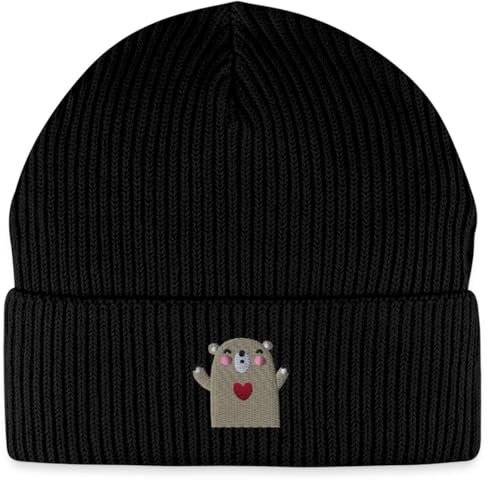Spreadshirt Hugging Bear Stickerei Bio Fisherman Beanie Mütze, One Size, Schwarz