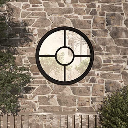 Bulliing Specchio da Giardino Nero 40x4 cm in Ferro Rotondo da Esterno,Specchio da Giardino per Finestra da Chiesa,Arredamento Esterno,Effetto Pietra