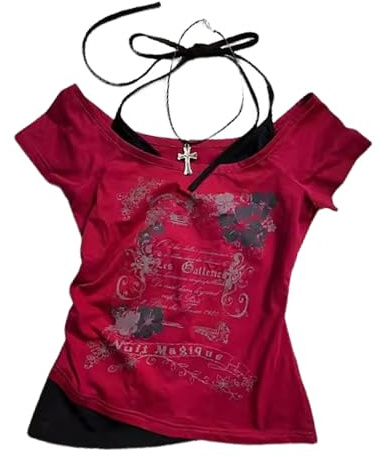 Baby Tee, Top da donna stile Y2k grunge vintage, realizzato come se fossero due pezzi, a maniche corte, crop top per adolescenti