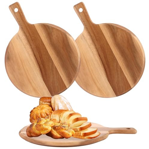 Oungy Lot de 2 planches à découper en bois avec poignée, Ø 30,5 cm, assiettes à pizza en bois durable, planche à pizza ronde, marron, pour hacher et servir des saucisses, du fromage, des pizzas, du
