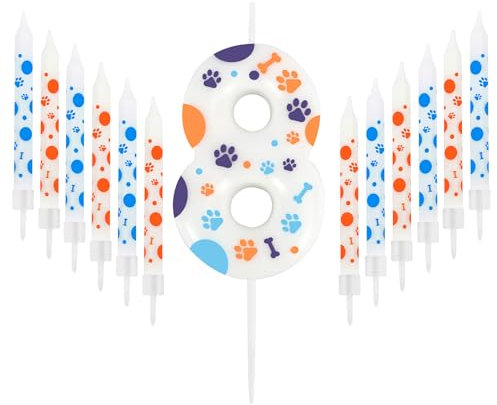 13 PCS Dog Paw Birthday Candles, Birthday Party Decorations, Paw Colorful Number 8 Candle with 12 PCS Blue Orange Long Thin Birthday Candles Cake Toppers for Dog Pet Boy Girl Birthday Party Supplies