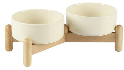 Havniva Ensemble de bols doubles surélevés en céramique de 13 cm avec support en bois, bols surélevés pour nourriture et eau pour chiens de race, chats, chatons, gamelles lestées pour chiens et