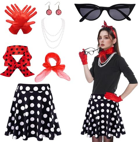 50er Jahre Damen Zubehör 1950s Kostüm Set Damen Hohe Taille Mini Rock Dot Stirnband Katzen Auge Brille Rot Chiffon Schal Handschuhe für Motoparty Retro Teily Party (Rot, S)