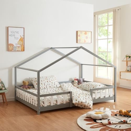 [en.casa] Kinderbett Treviolo Hausbett 140 x 200 cm Holzbett für Kinder mit Rausfallschutz Montessori Bettgestell mit Lattenrost Kiefernholz Grau