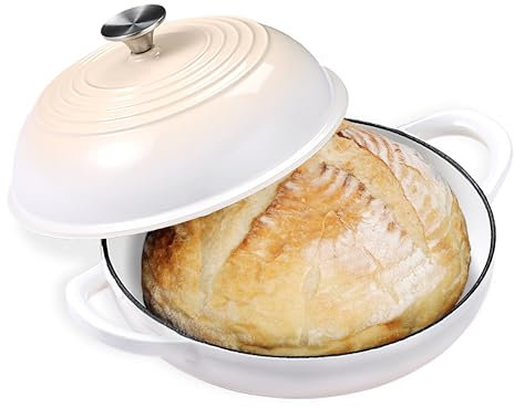 Horno de pan redondo de hierro fundido esmaltado, horno holandés de hierro fundido de 6 cuartos de galón para hornear pan de masa madre casero, olla de cúpula de pan con tapa de campana (blanco)