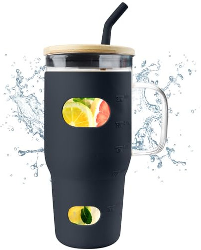 ONEHAUS Vaso de vidrio de 32 onzas con tapa y popote, botellas de agua de vidrio con funda de silicona, taza de vidrio con asa para regalo de San Valentín, color negro