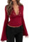 Women's Bell Sleeve Tops Deep V Neck Lace Long Sleeve Crop Top Slim Fitted Tee Shirts Fall Going Out Blouse (A-Red, M)