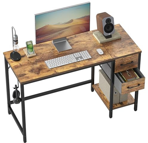 Cubiker Schreibtisch 100×50×75cm, Computertisch, PC-Tisch, Bürotisch, mit 2 Schubladen auf der rechten oder linken Seite, fürs Büro, Wohnzimmer, Stahlgestell, Industrie-Design, Vintagebraun