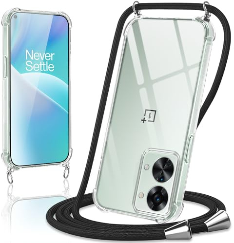 Coiwxmoi Handyband Handyhülle für OnePlus Nord 2T 5G Hülle mit Band 6,43,Transparent Case mit Kette Abnehmbar zum Umhängen Kordel Schutzhülle,Weich Silikon TPU Stoßfest Cover,Schwarz