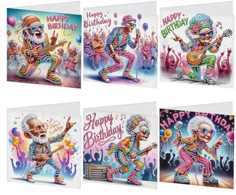 JISHSHAY 6er Set Diamond Painting Geburtstagskarten Giückiich Oma Opa Diamant Painting Karten Happy Birthday Basteln Erwachsene Karte Geburtstag Mosaik Bastelset Erwachsene Birthday Card mit Umschlag