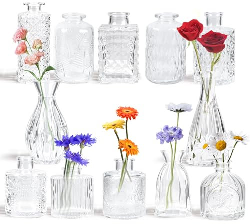Yirilan Glass Bud Vase Set of 12,Small Clear Round Vases for Flowers, Mini Flowers Vases, Vintage Bottle for TableDecorations, Wedding Decor, Party, Home