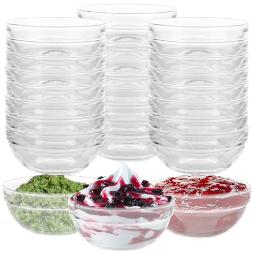 YAYODS Lot de 28 Petit Saladier en Verre Ø 9 cm - Coupelle Dessert 125 ml - Bol en Verre Empilable pour Snacks, Sauces, Compotes et Préparation de Cuisine - Transparent