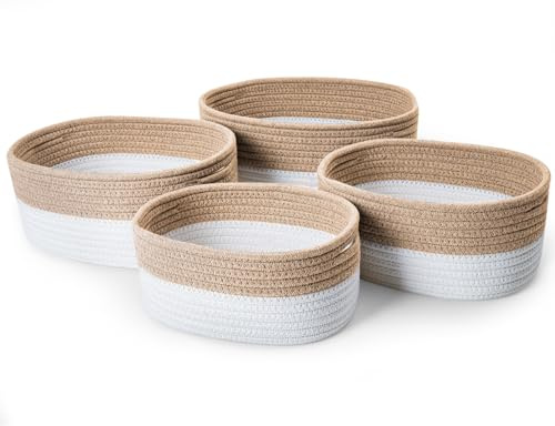 Ezvsevuo 4 Piezas Cestas Almacenaje de Cuerda de Algodón, Cesta Almacenamiento Tejidas, Cestas Organizadoras Multifuncional para Baño, Armario,Estantes, Habitación Bebe Infantil, Blanco & Yute