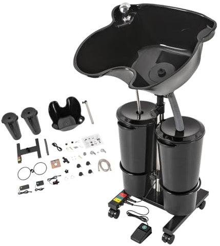 ROGONPDK Friseur-Waschbecken Mobil Waschplatz Höhenverstellbar Haarwaschbecken Rückwärtswaschbecken mit Pump Schwarz Kopfwaschbecken mit Universal-Räder & Eimer für Spas & Friseurläden