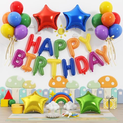 Bunte Luftballons Geburtstag, Ballon Happy Birthday Folienballon Stern Ballon, Geburtstagsballon Banner, Bunt Latex Ballons für Kindergeburtstag, Helium Ballons für Geburtstag Jubiläum Hochzeit