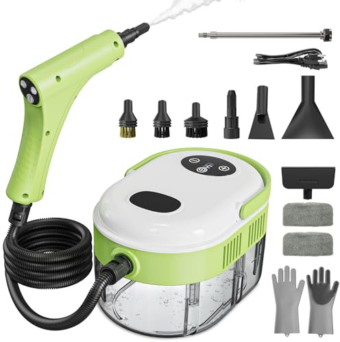 Steam Cleaner, Handheld Steam Cleaner with 6 Levels Adjustable Handle, 1.5L Water Tank, Steamer for Cleaning, Portable Steam Cleaner for Home, Car, Furniture, Couch, Bed Bugs (White & Green)