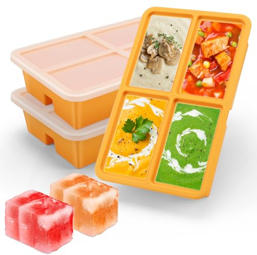 Juwacoo 3 Pack Extra Large Soup Containers with Lid, 4-Cavity Silicone Soup Freezer Tray, Silicone Food Freezer Trays, Meal Prep Soup Storage Containers, Large Tray for Sauce, Broth (Yellow)