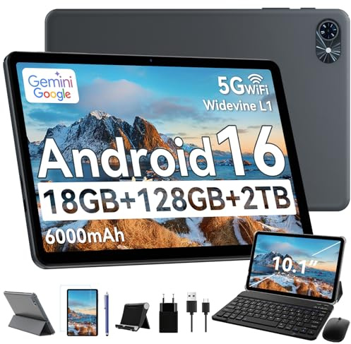 Tablet 2026 Android 16 Tablets, 10.1 Inch Tablet with HD Display, 18GB RAM 128GB ROM /2TB TF, Gemini AI 2.0, Daul Speaker and Cameras, 6000mAh, Widevine L1, 2 in 1 Tablets with Keyboard Mouse Stylus