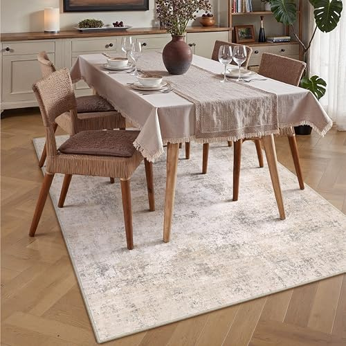 PureCozy Teppich Wohnzimmer 120x180cm Creme Abstrakt Waschbarer Teppiche | Weicher Kurzflor Carpet, Rutschfest, Leicht, Schlafzimmer, Esszimmer, Büro, Wohnbereich, Kinderzimmer