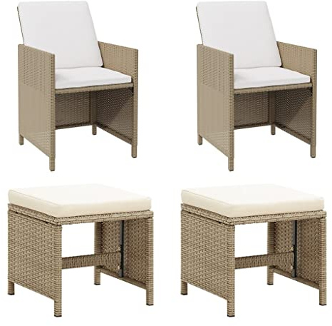 QZZCED Gartenstühle mit Hockern, 2 Stück, synthetisches Rattan, Beige, für Terrasse und Pool, robuste Stahlkonstruktion und gepolsterte Kissen, witterungsbeständig und leicht