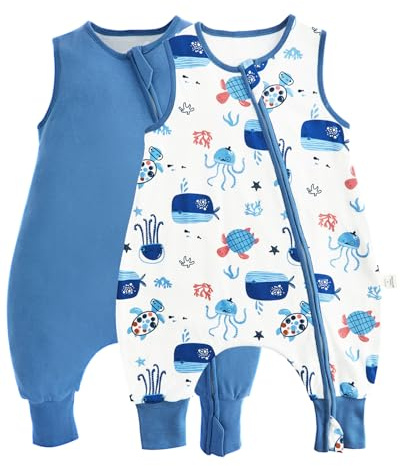 JiAmy Saco de Dormir para Bebé con Pies de Verano 1,0 TOG Paquete de 2 Algodón Manta Envolvente para Dormir Cremalleras Súper Transpirable para Niñas Niños Mar azul 6-18 Meses