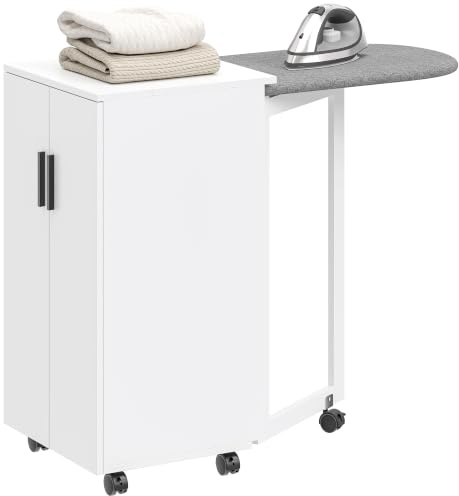 HOMCOM Faltbarer Bügelbrettschrank mit 2 Türen 99,5 x 43 x 83 cm Weiß | Verstellbare Regale, Klappbarer Bügeltisch, Rollen, Aufbewahrung, Soft-Close-Scharniere, für Waschküche