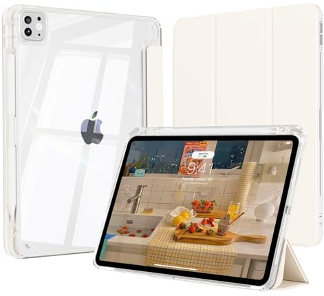 ZOPSGYU iPad Pro 11 4th/3rd/2nd Gen Clear Case,Pencil Charge, Cream White | User-friendly trifold design. Soft shockproof frame protection, pencil 2nd charging compatible and auto sleep/wake ready.