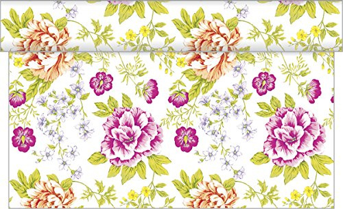 Sovie HOME Tischläufer ENNA aus Linclass Airlaid, 40cm x 4,80m, perforiert alle 30cm, 1 Stück, Design Pfingstrosen in Rosa Lila Grün, Ideal für Gartenpartys, Hochzeit, Geburtstag