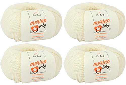 Babywolle häkeln *4 Knäuel Merino Baby Natur (Fb 6010) + GRATIS Anleitung* 100% Merinowolle - 25g/140m – Nadelstärke 2,5-3mm – Baby Wolle Stricken – Babywolle Merino weiß von Myoma