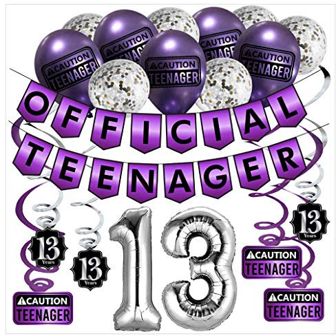 13. Geburtstag Dekorations Official Teenager (Englische Sprache) – Lila & Silber Deko-Set Geburtstag und Spiralgirlande – Party Zubehör