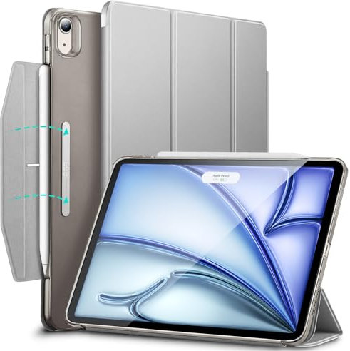 ESR Funda para iPad Air 11 Pulgadas 2025 y iPad Air 7a/6a/5a/4a Gen (2024/2022/2020, 10,9), Funda Tríptica Inteligente, Funda con Cierre, Compatible Pencil Pro/USB-C, Auto Encendido/Apagado, Gris
