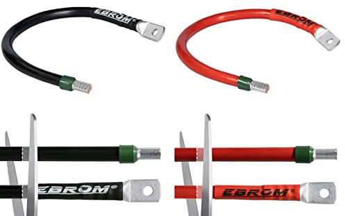 EBROM Batteriekabel rot + schwarz 12/24V Querschnitt: 35 mm² Länge von 30 cm bis 5 m für Stromstärken bis 135A, M8 Kabelschuh + Aderendhülse gegenüberliegend, Verbindung Batterie 35mm2, Länge: 200 cm
