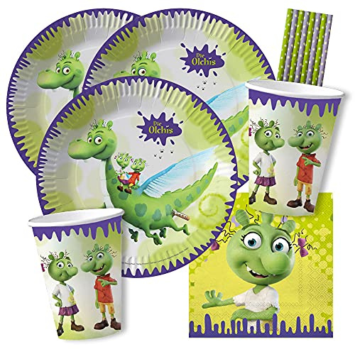 dh-konzept/spielum 44-teiliges Party-Set - Die Olchis - Teller Becher Servietten Papiertrinkhalme für 8 Kinder
