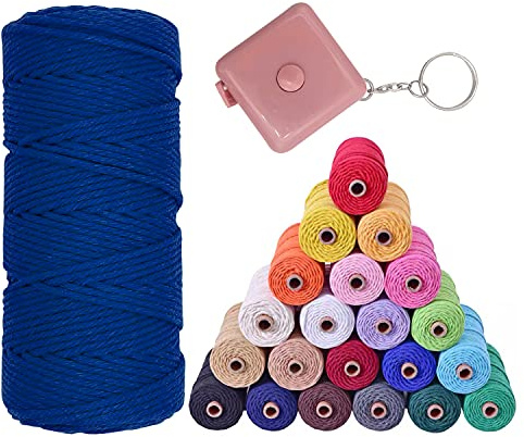 Macrame Cord 3mm x 109Yards/100m/328 Feet, 1 Tape Measure 100% Natural Cotton Macrame Twine 4 Strand Twisted Rope Yarn Craft Knitting String DIY for Hangers Christmas Wedding Decor - Navy Blue