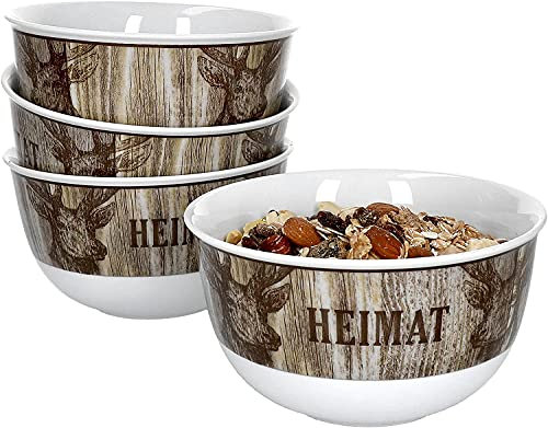 Ritzenhoff & Breker 4er Geschirrset Tiefe Schale Hirsch Chalet Heimat aus Porzellan mit 14 cm Ø und 7,6 cm Höhe I Braune Schüsseln für Müsli Diverse Snacks und Antipasti I Spülmaschinenfest