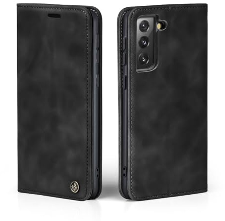 LBH Handyhülle für Samsung Galaxy S21 FE in Schwarz mit Karten- und Geldfach Smartphone Hülle mit Standfunktion Flip Case Schutzhülle Magnetverschluss Vintage