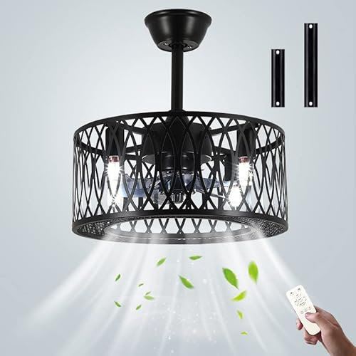 Silent Ceiling Fan with Lights and Remote Control Retro industrial Fan Chandelier Lighting Black Metal Cage Pendant Light 3 Speeds Ceiling Fan Lamp for Bedroom Living Room Dining Room Kitchen, E14*4