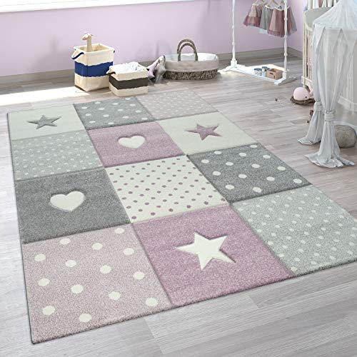 Paco Home Teppich Kinderzimmer Kinderteppich Junge Mädchen Spielteppich Modern Herz Punkte Sterne 3D Effekt Lila Grau Creme, Grösse:160 cm Rund