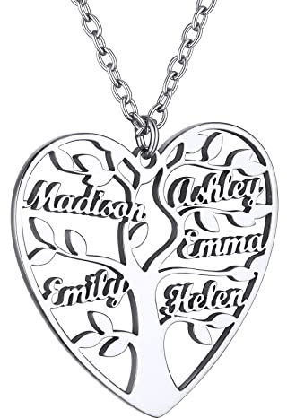 GoldChic Collier 5 Prenom Personnalisé Arbre de Vie Pendentif Coeur Femme Généalogique Enfants Acier Inoxydable Cadeau Maman Famille Fêtes des Mères Chaine Forcat 50 cm Bijoux Mariage Meilleur Amie