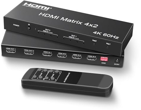 FERRISA 4x2 HDMI Matrix, 4K@60Hz 4 in 2 Out HDMI Switch Splitter with IR Remote, HDMI Matrix Switch + Optical + 3.5mm Audio Output, Support HDMI2.0, HDCP2.2, Auto Downscaler, 3D, Audio Extractor